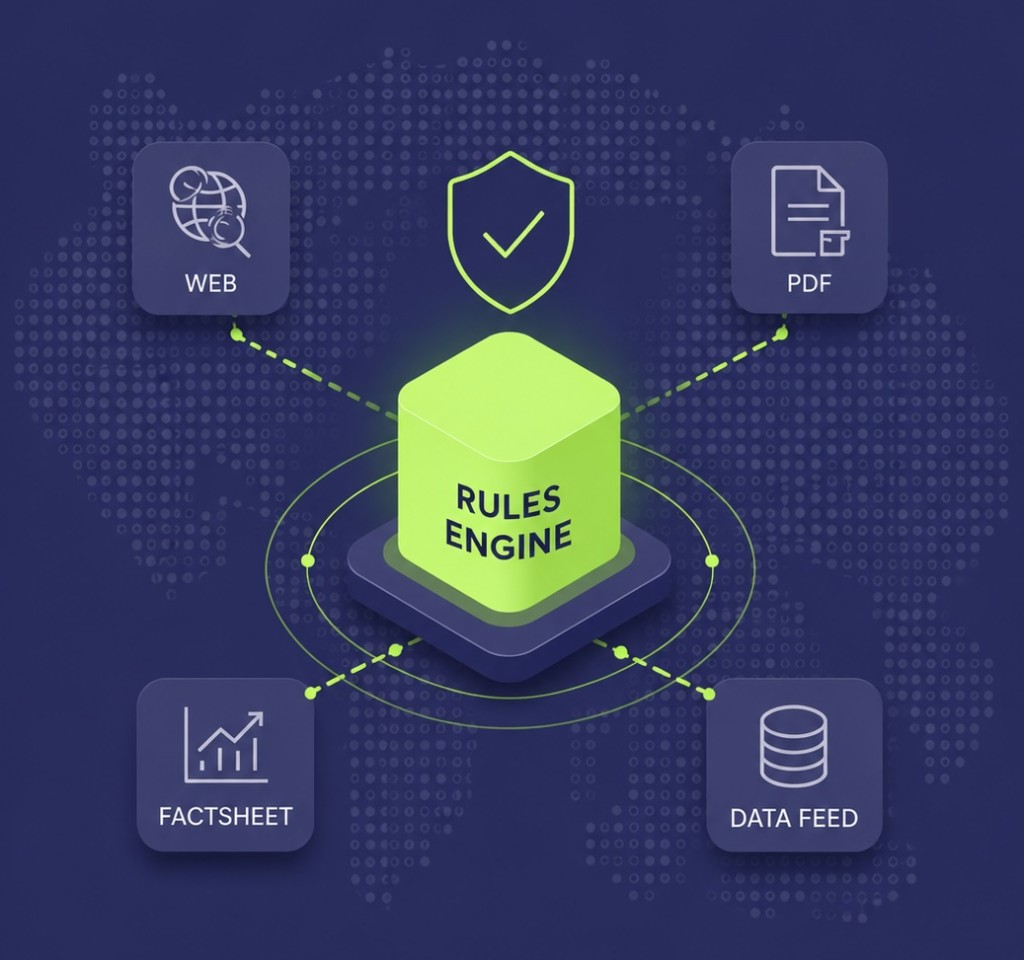 Rules engine connecting web, PDF, factsheet, and data feed outputs