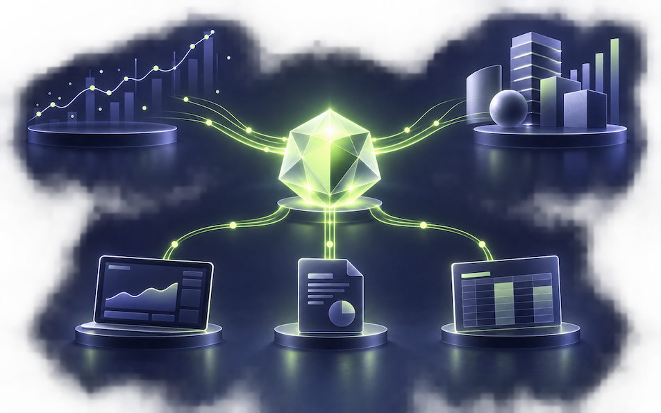 A central rules core connected to charts, buildings, a dashboard, a document, and a spreadsheet